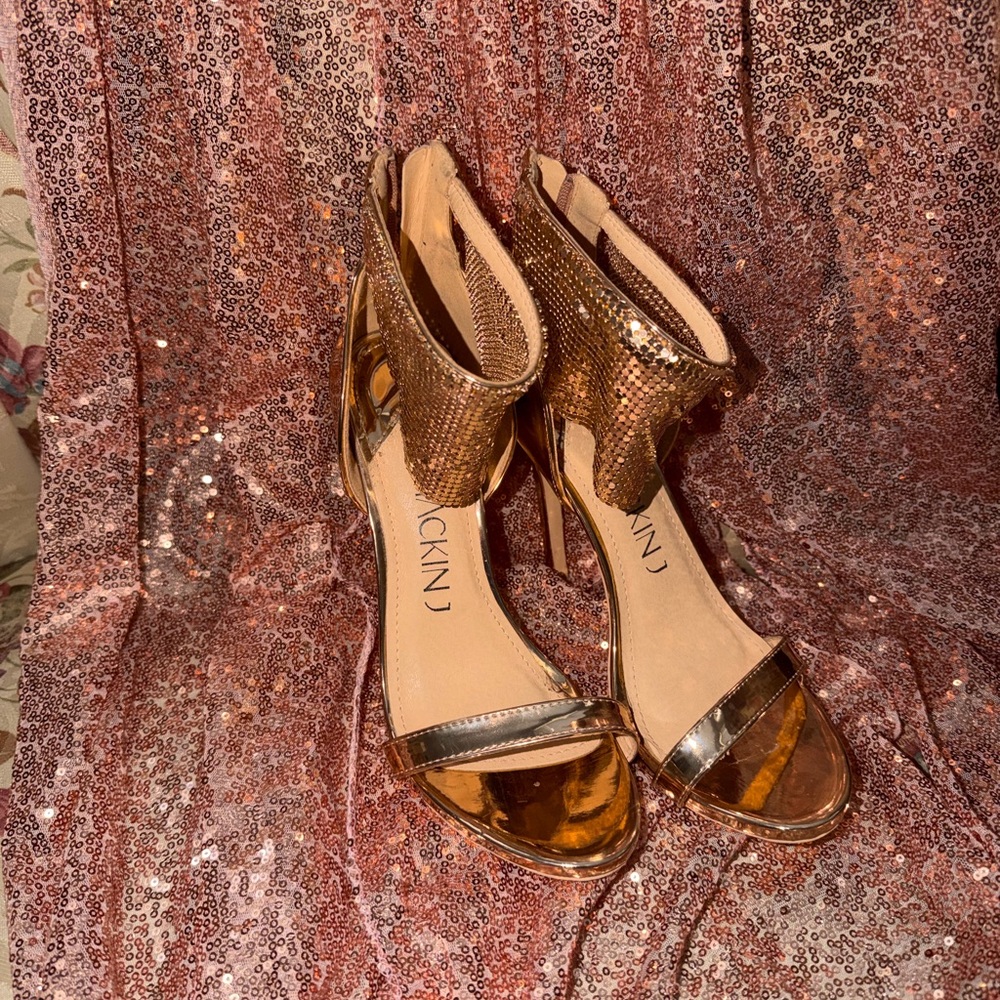 Sequin Ankle-Cuff Metallic Heeled Sandals - Rose Gold Glam